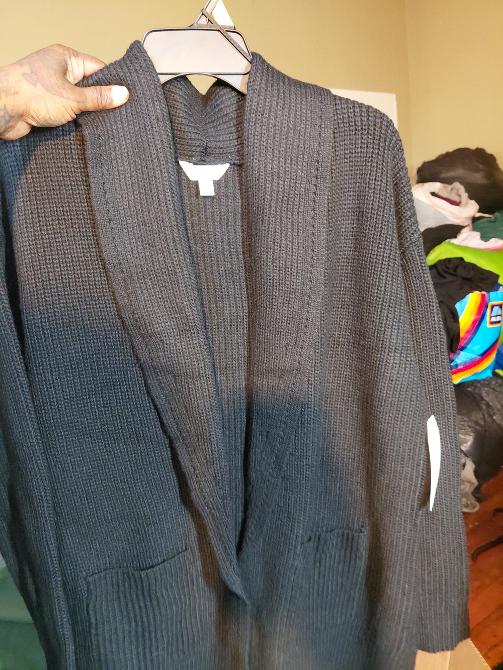 Black Open-Front Shawl Collar Knit Sweater